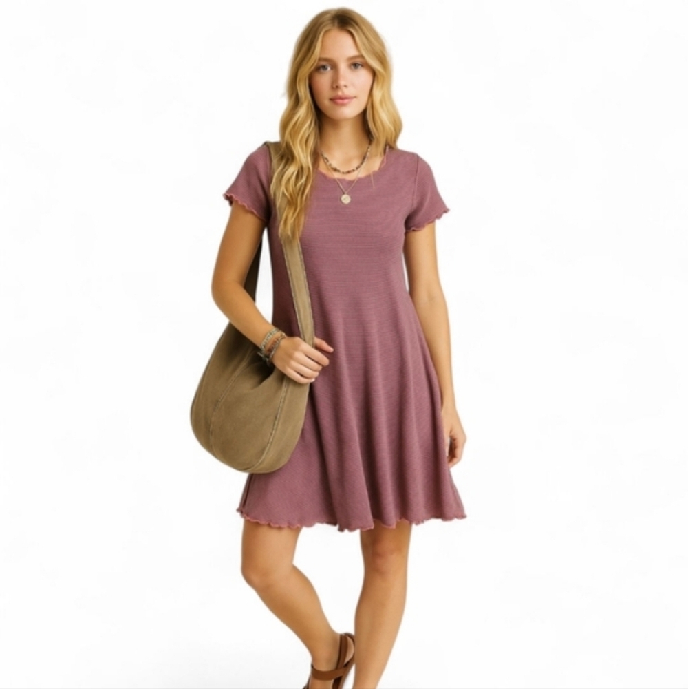 Natural Life Striped Lettuce Hem Swing Mini Dress L | Y2K Flare T-Shirt Raw Hem